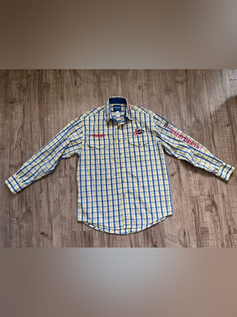 Wrangler Justin Boots Men's Yellow & Blue Plaid Button-Up Shirt western cowboy